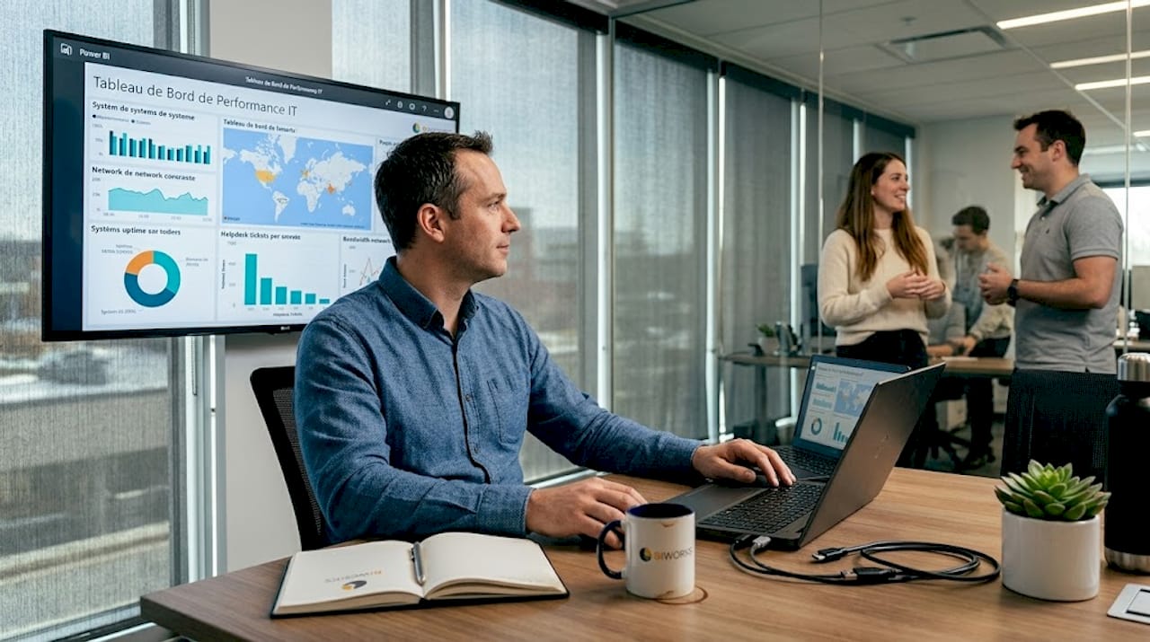 Lors d'une réunion, le responsable présente les données sur un tableau Power BI afin d'appuyer son propos.