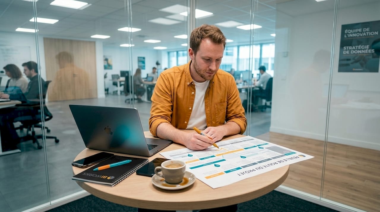 Le chef de projet examine attentivement la feuille de route imprimée du projet.