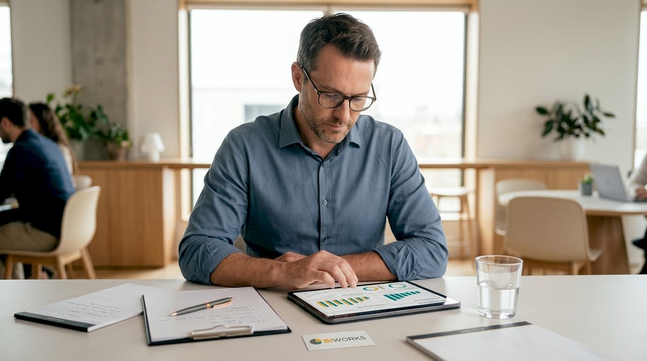 Un professionnel en train d’analyser des tableaux de bord Power BI sur sa tablette