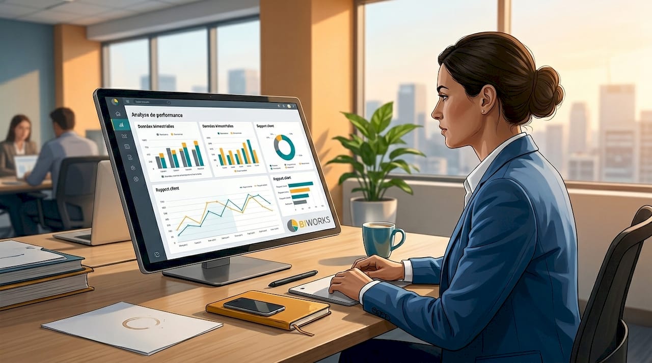 Une femme examine attentivement un tableau de bord de business intelligence sur son ordinateur.