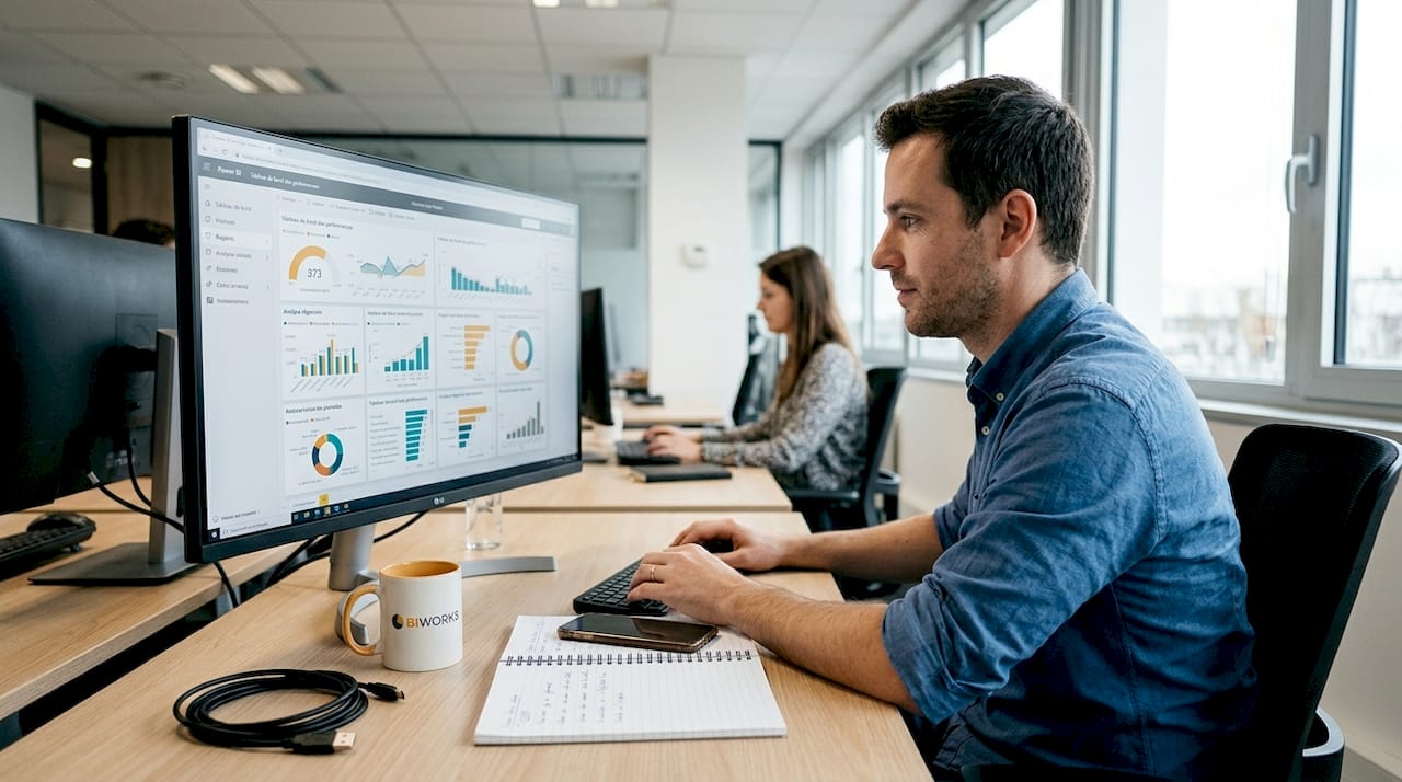 Un collaborateur prépare un rapport Power BI au bureau.