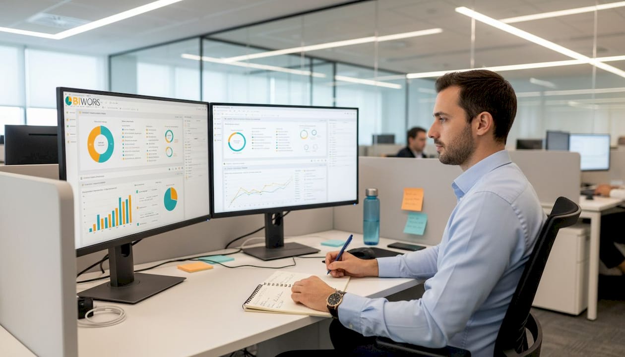 Un analyste examine attentivement des tableaux de bord Power BI sur son poste de travail.