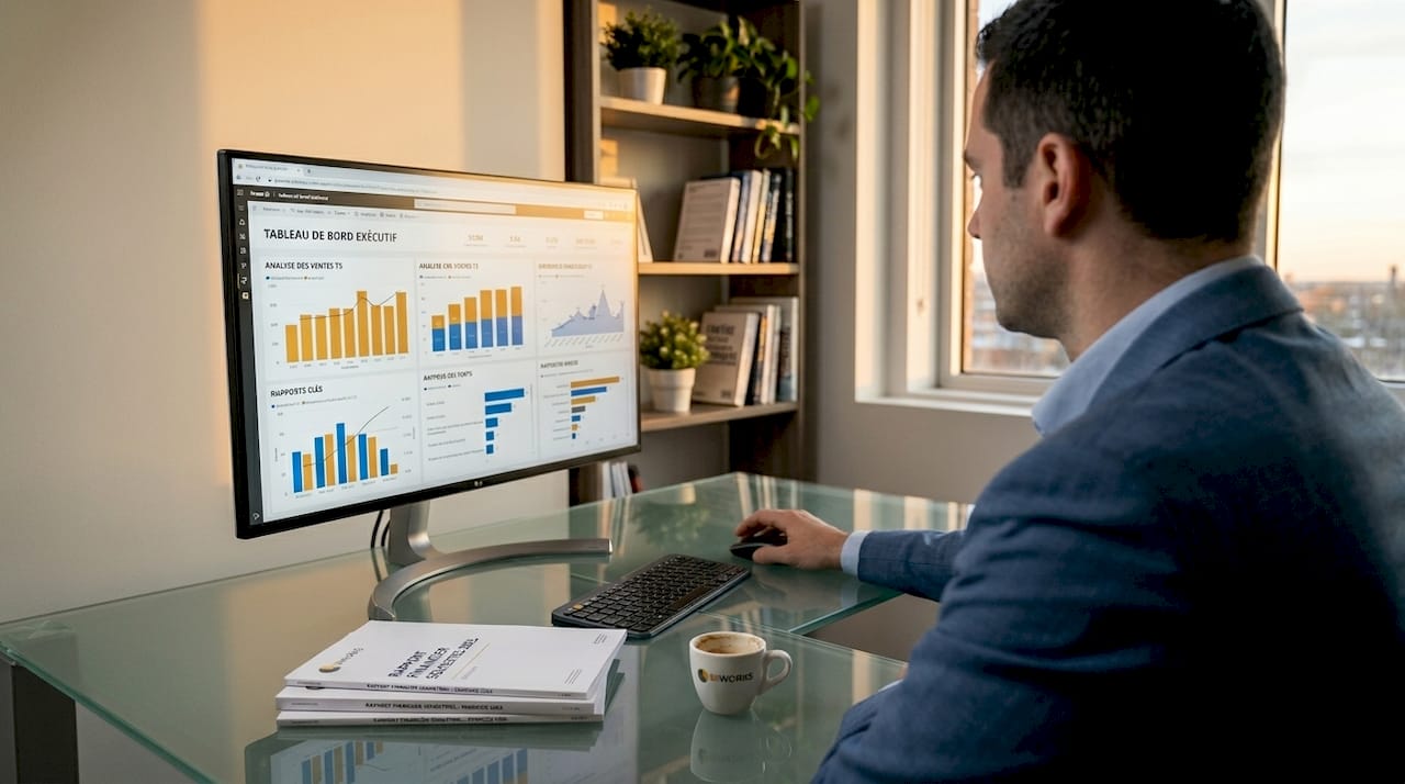 Un responsable examine attentivement les indicateurs clés sur un tableau de bord Power BI afin de suivre la performance de son équipe.