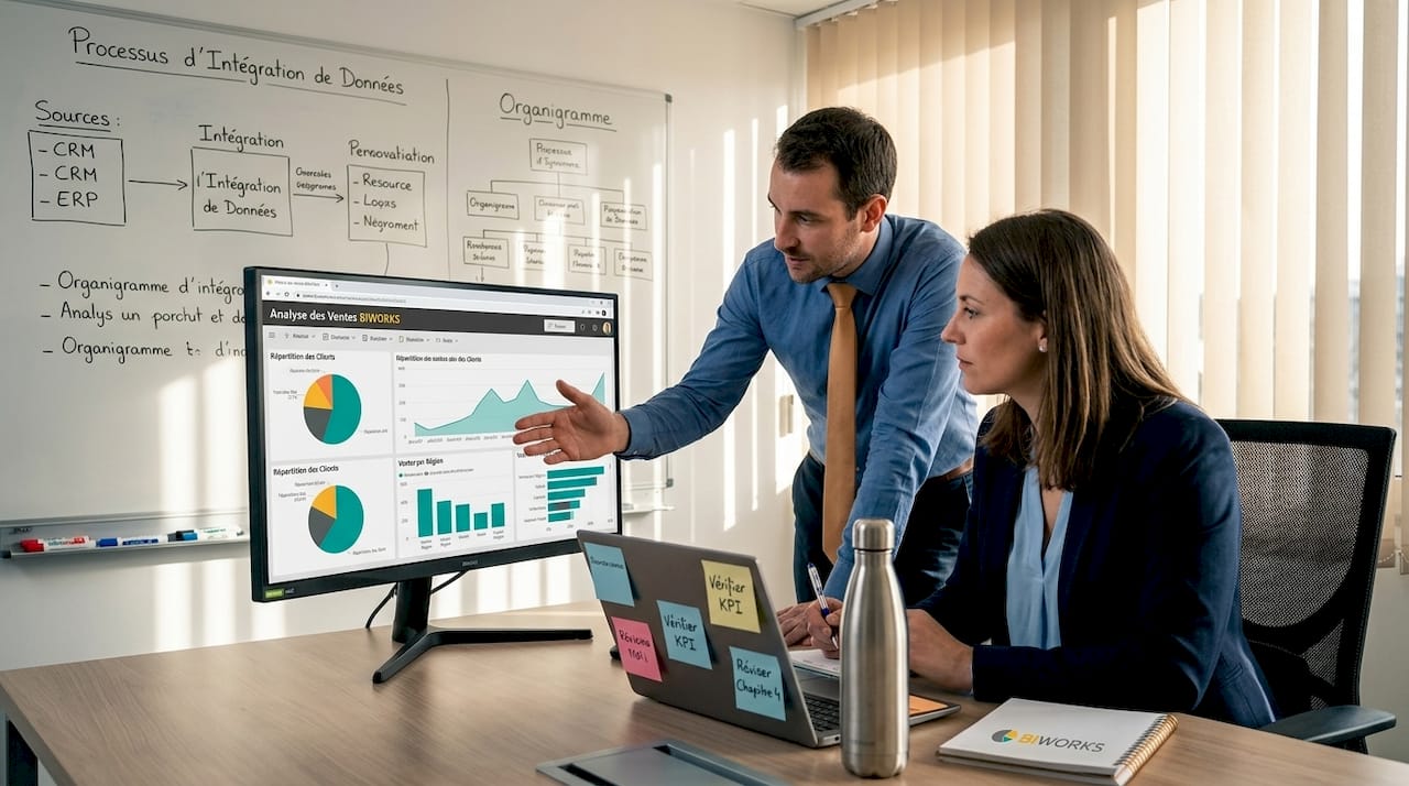 Des professionnels analysent un tableau de bord Power BI pour évaluer les performances de leur entreprise.