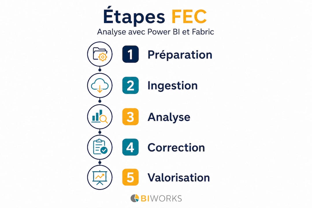 Les différentes étapes de l’analyse du FEC avec Power BI Fabric en infographie