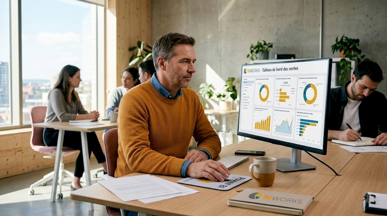 Un manager consulte son tableau de bord dans un bureau lumineux et spacieux en open space.