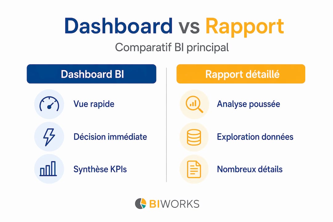 Visuel explicatif : les différences entre un tableau de bord BI et un rapport d’analyse approfondi
