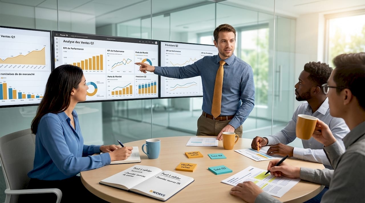 Mettre en place une BI efficace avec Power BI : guide pratique 1 Réunion d'équipe pour discuter du projet Power BI