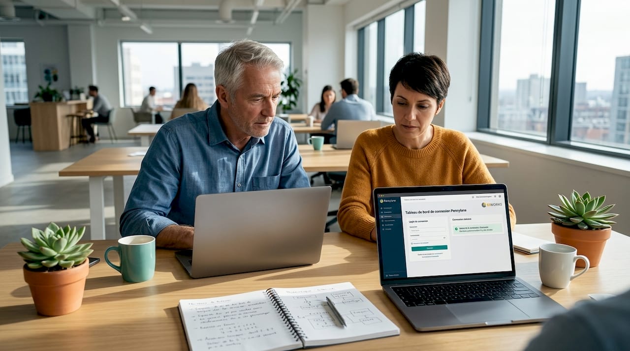 Connexion Pennylane : guide complet pour responsables IT et DAF 1 Le responsable informatique et le directeur administratif et financier analysent Pennylane ensemble.