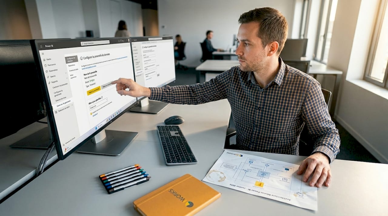 Un analyste en pleine configuration de Power BI, concentré à son bureau.