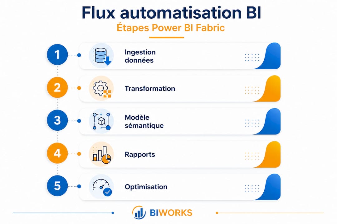 Découvrez, en un coup d'œil, les différentes étapes de l'automatisation de la BI avec Power BI Fabric grâce à une infographie claire et synthétique.