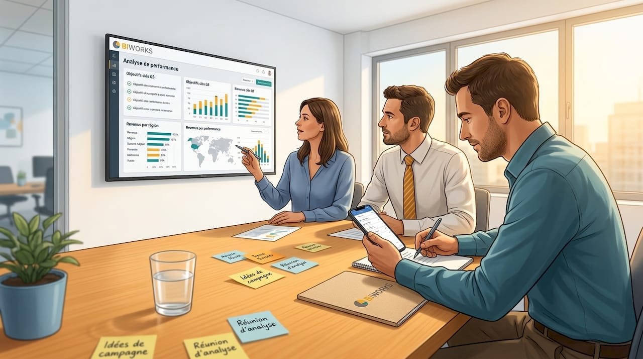 L’équipe analyse ensemble les tableaux de bord BI au bureau.