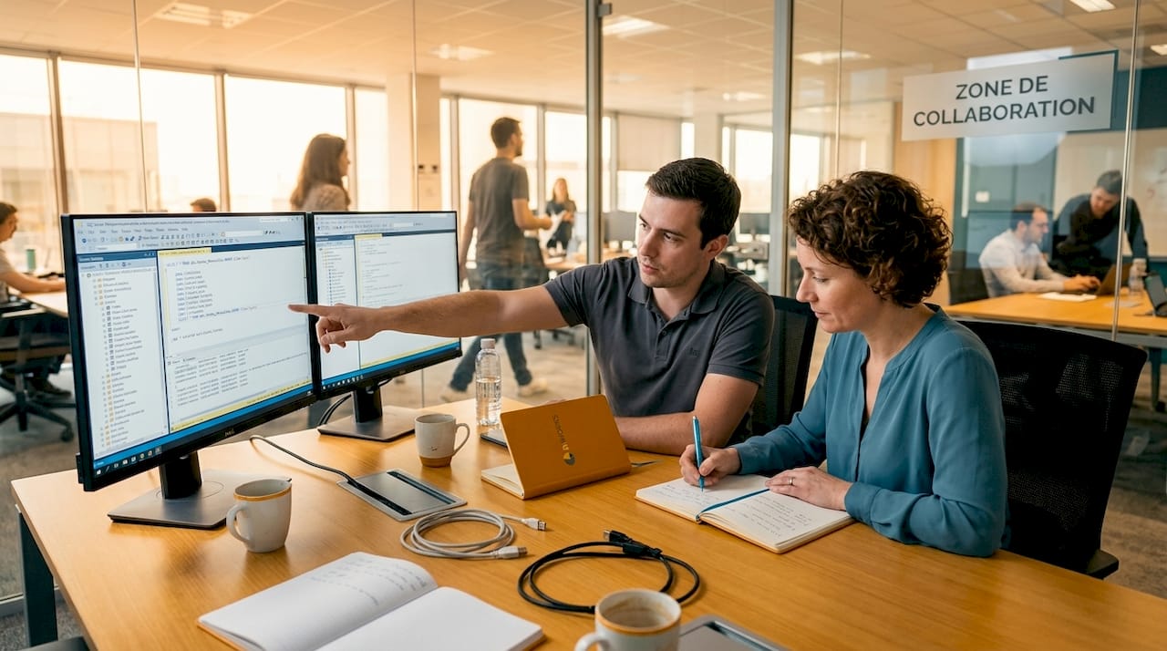 Direct Query Power BI : maîtriser les données en temps réel 2 Deux experts travaillent ensemble devant leur écran, analysant des tableaux de bord de business intelligence pour optimiser leurs décisions.