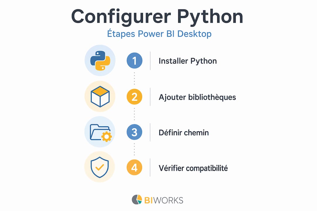 Schéma des différentes étapes pour configurer Python dans Power BI