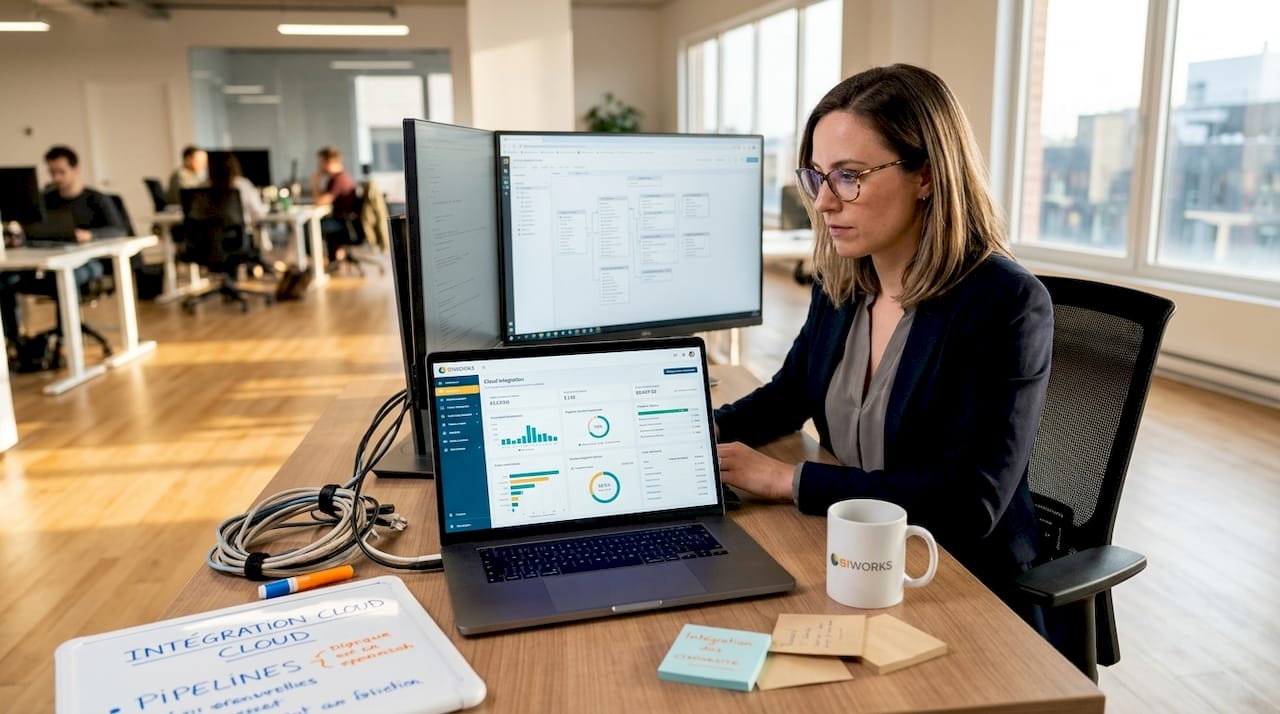 Un ingénieur data passe en revue la structure des données dans un espace de travail lumineux et collaboratif.