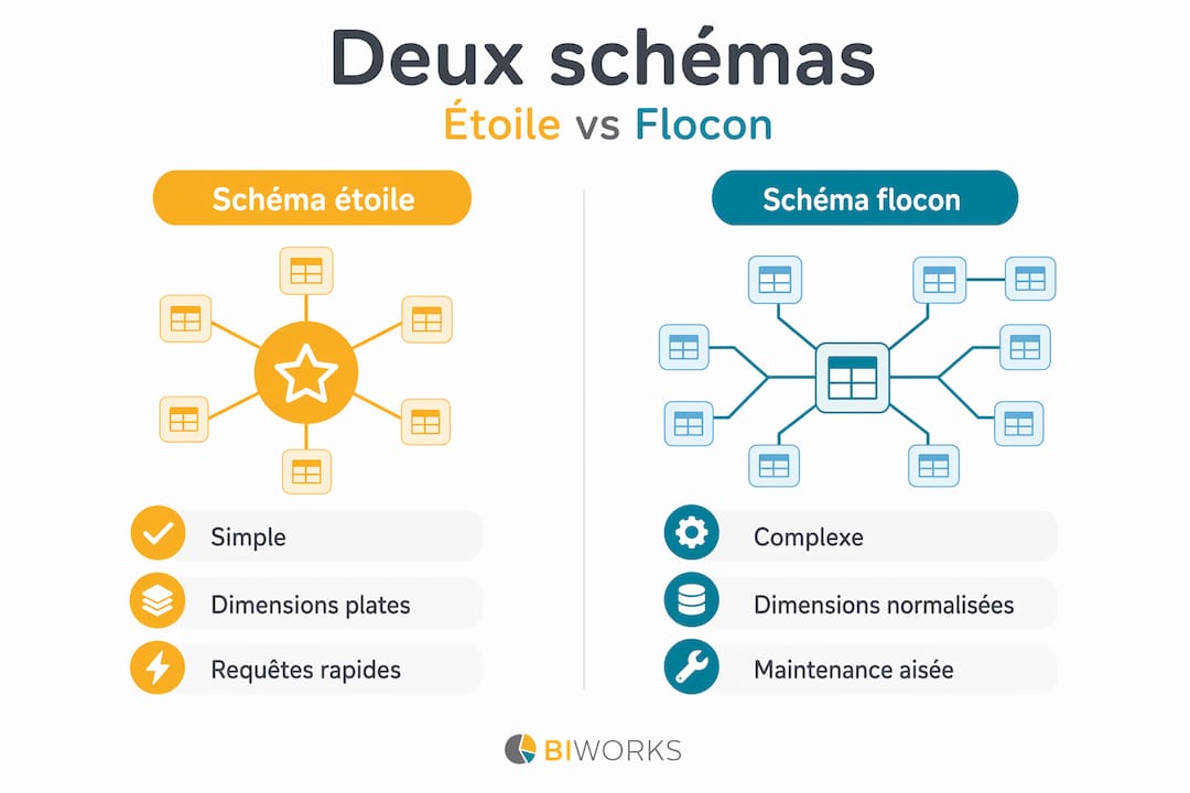 Découvrez une infographie qui met en parallèle les différences entre le modèle en étoile et le modèle en flocon pour structurer vos données.