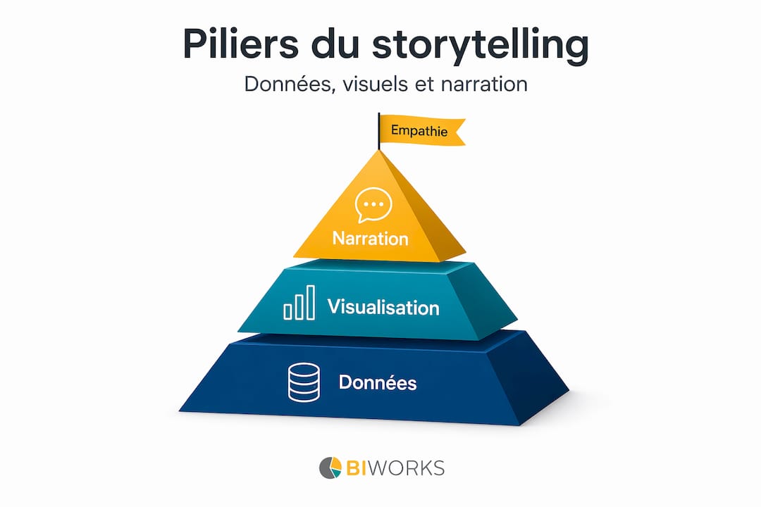 Data storytelling : guide pratique pour décideurs 2026 2 Pyramide illustrant les fondamentaux du data storytelling