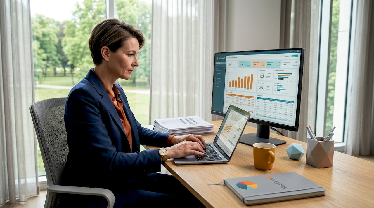 Dans un bureau lumineux, un responsable financier examine attentivement les indicateurs de performance sur son tableau de bord.