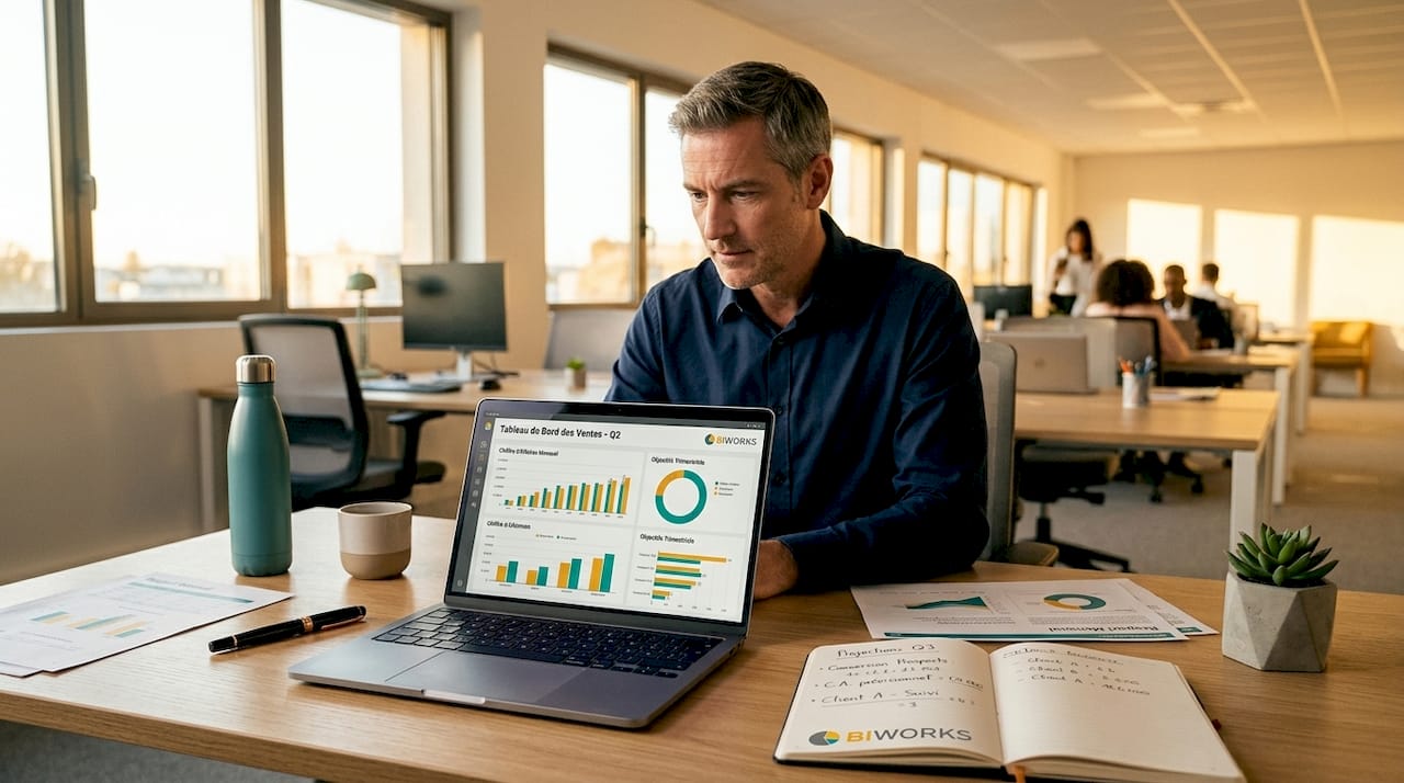 Le manager consulte le tableau de bord des indicateurs de performance commerciale.