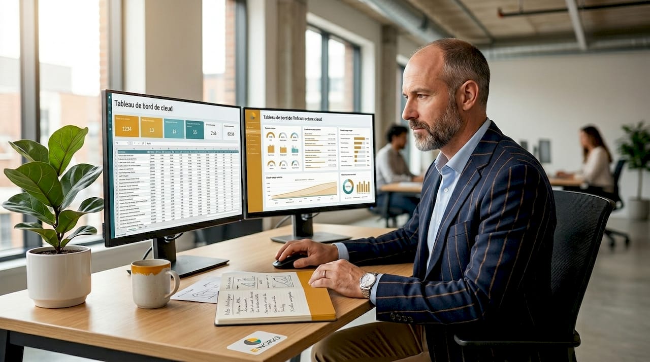 Enjeux de l'hébergement cloud : guide 2026 pour les DSI 1 Un directeur informatique analyse les données stockées dans le cloud depuis son bureau.