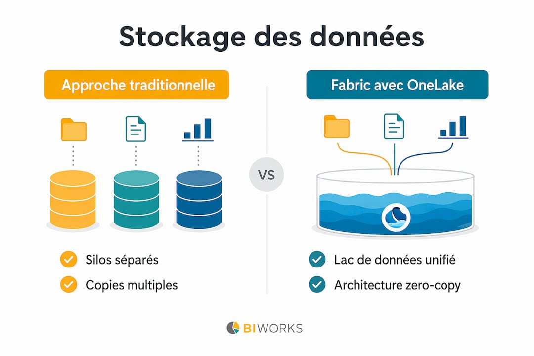 Infographie : comparatif entre les solutions de stockage classiques et OneLake de Microsoft Fabric