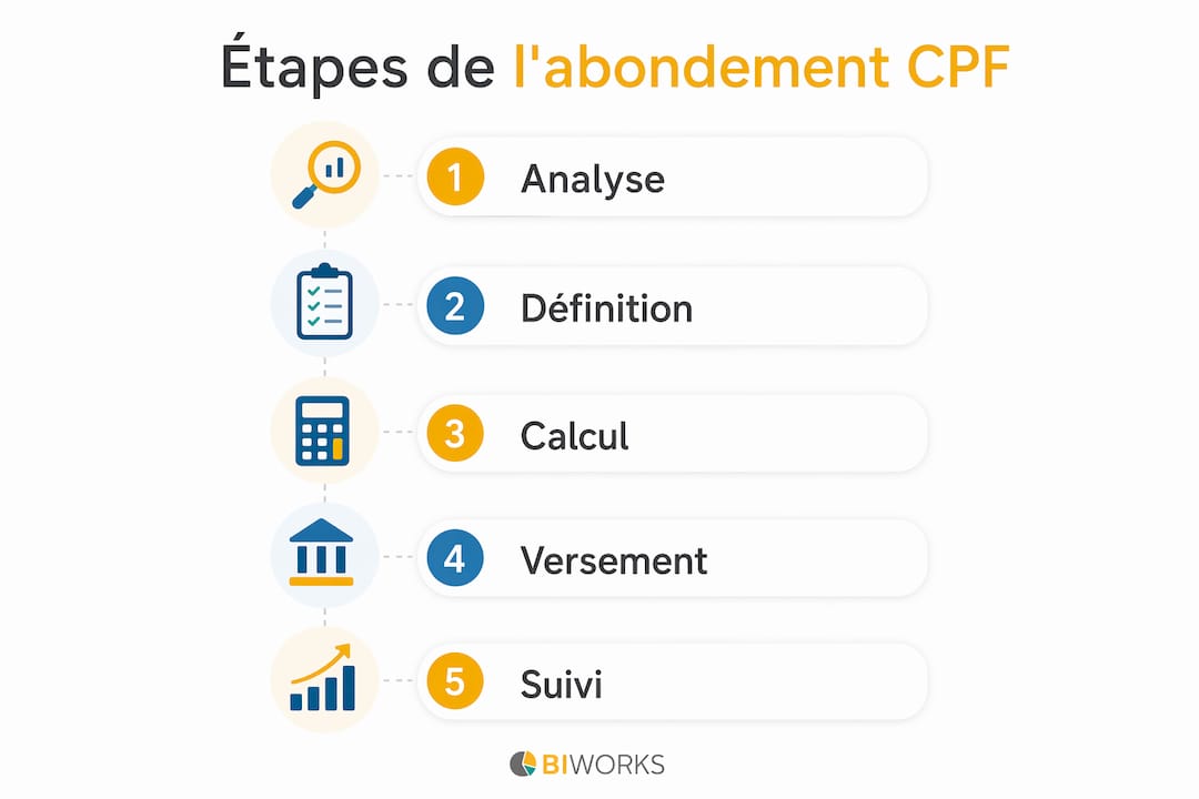 Abondement CPF employeur : guide pratique 2026 2 Découvrez en un coup d’œil les différentes étapes pour bénéficier de l’abondement sur votre compte CPF grâce à cette infographie.