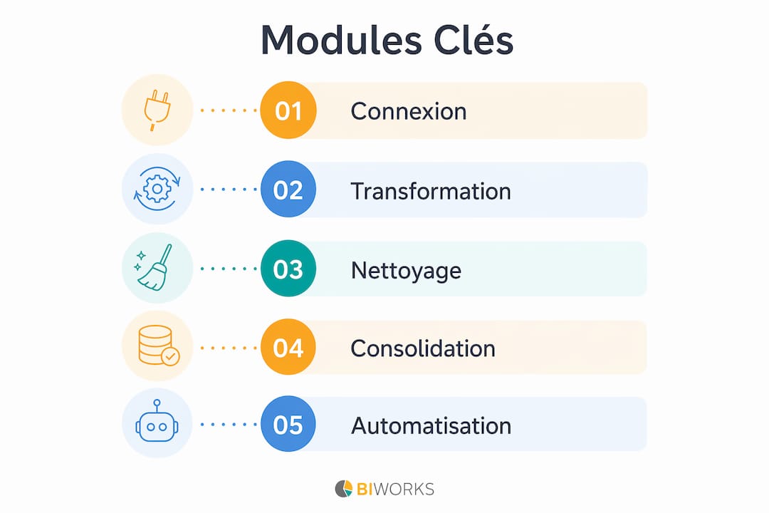 Présentation visuelle verticale des principaux modules de Power Query