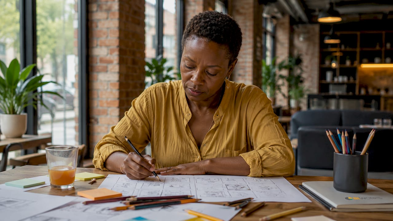 Une personne en train de réaliser un storyboard, installée à son bureau.