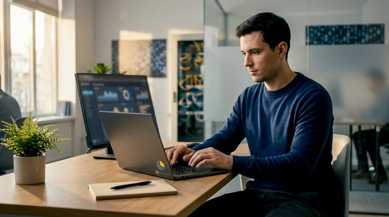Un professionnel de l’informatique travaille sur son ordinateur portable, installé dans un bureau contemporain, et utilise OneLake pour gérer ses données.