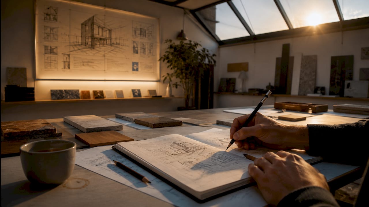 Bureau moderne représenté de façon semi-réaliste, avec des dossiers posés et un écran d’ordinateur éteint, évoquant l’univers de l’architecture cloud.