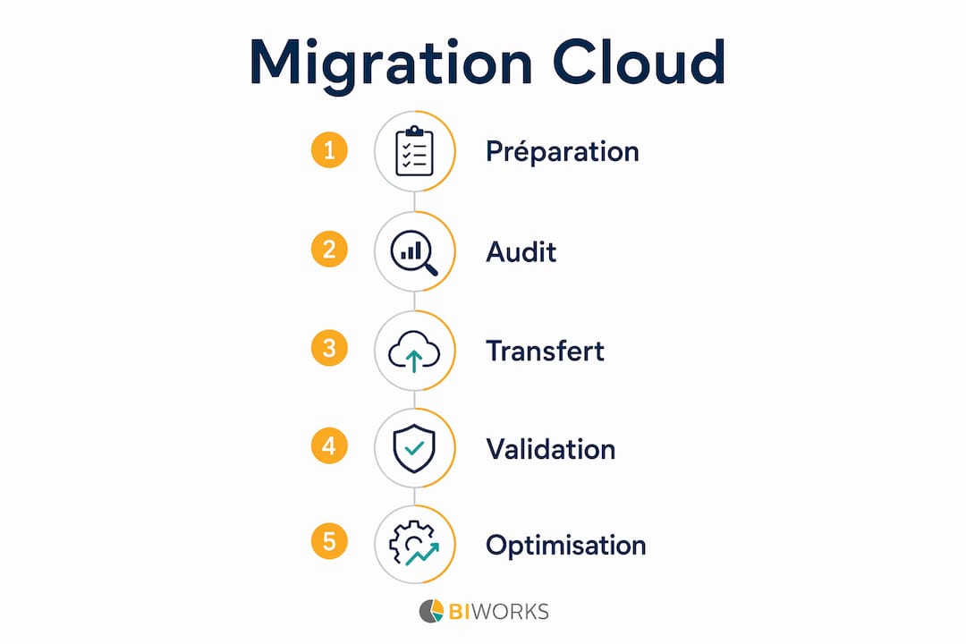 Découvrez en un coup d'œil les grandes étapes pour réussir la migration de votre entreprise vers le cloud grâce à notre infographie.