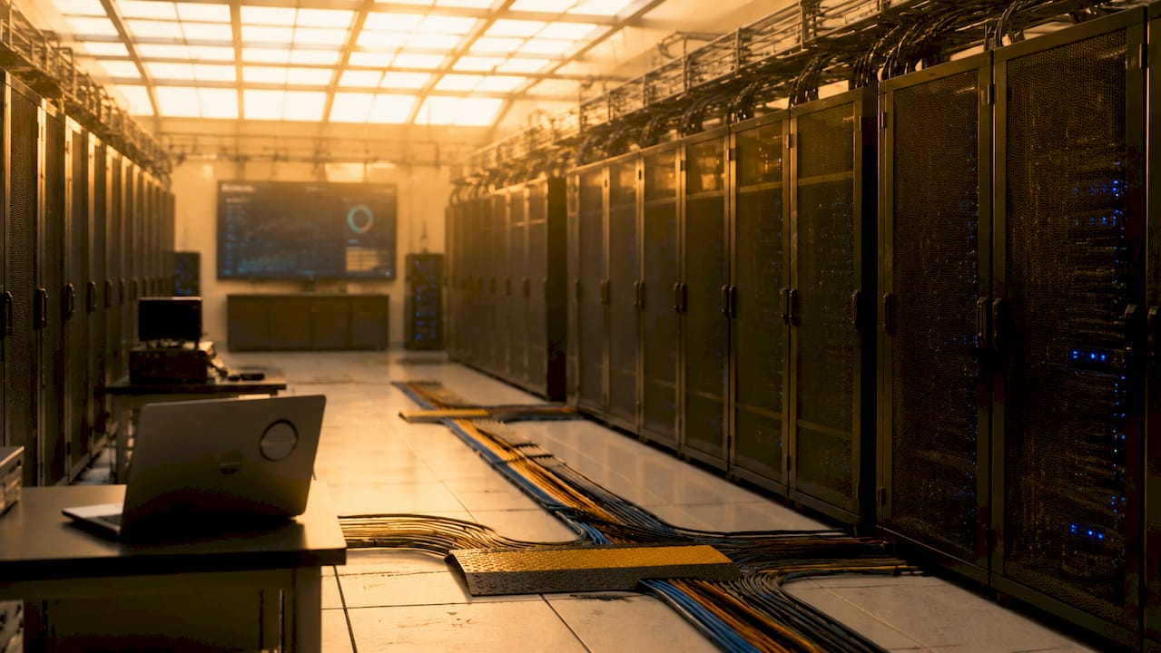 Vue intérieure d’une salle de serveurs Microsoft Azure, avec ses rangées d’équipements high-tech et son ambiance ultra sécurisée.
