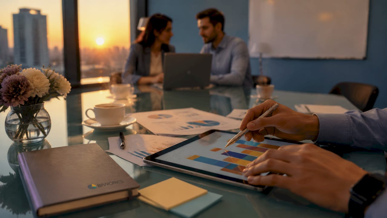 Utilisation d’une tablette tactile dans un bureau moderne pour accéder à la BI en cloud