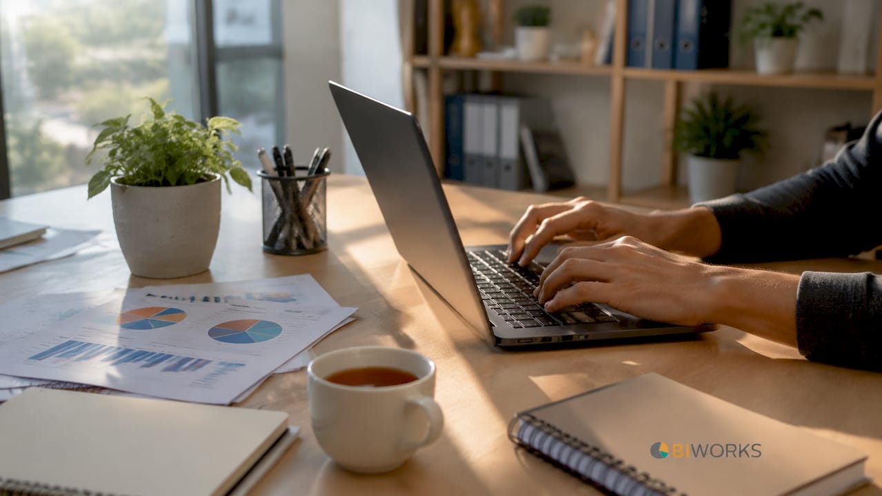 Espace de travail équipé d’un clavier et affichant des rapports sur le tableau de bord
