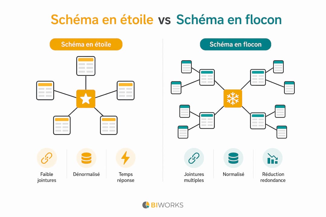 Infographie : les différences entre modèle en étoile et modèle en flocon