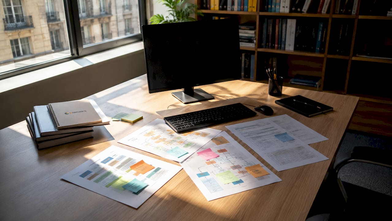Espace de travail BI avec tableaux de bord et écrans en veille