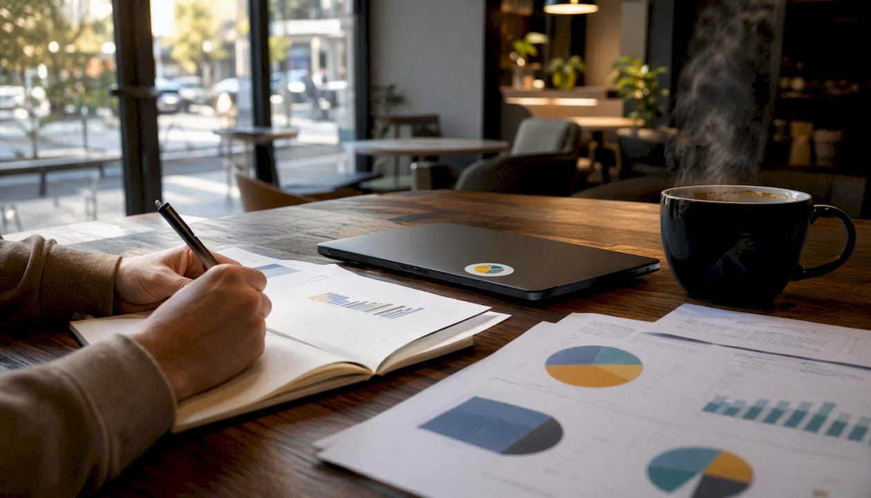 Espace de travail BI équipé d’un écran et de documents