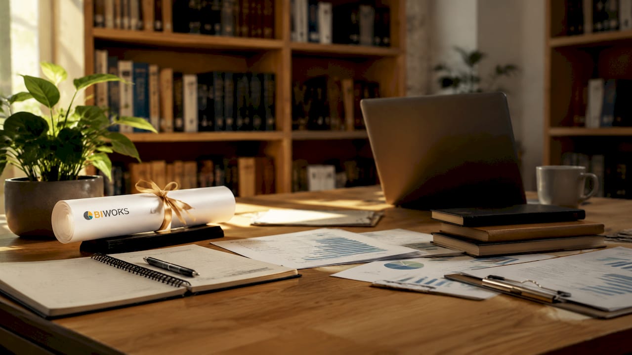 Bureau avec des dossiers et le certificat ENI RS7103 à disposition