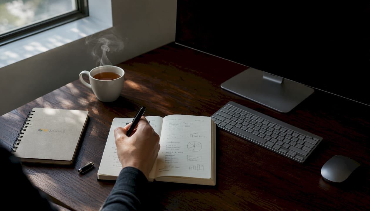 Un bureau sur lequel une main saisit des chiffres sur une calculatrice