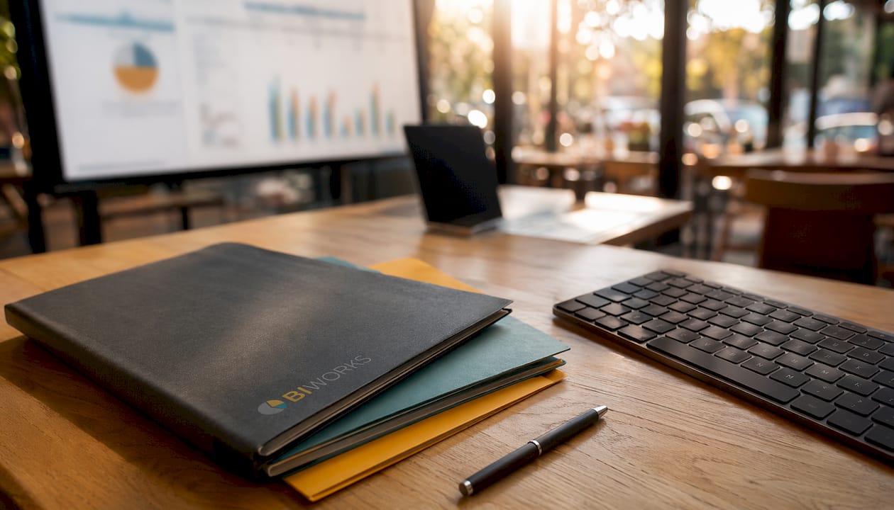 Espace de travail avec un tableau de suivi et des dossiers organisés