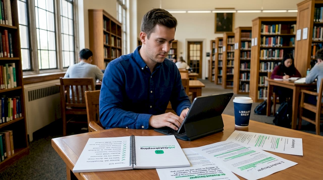 Young man decoding job ads with forum help