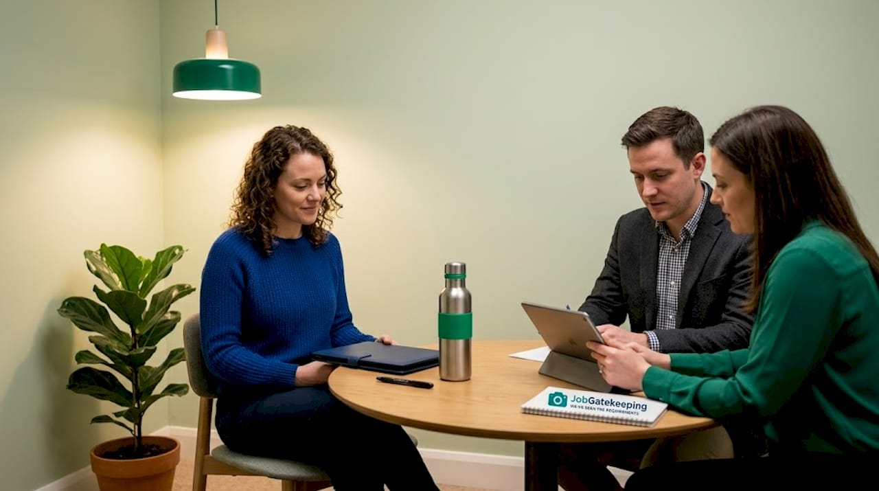 Candidate waits as interviewers review notes