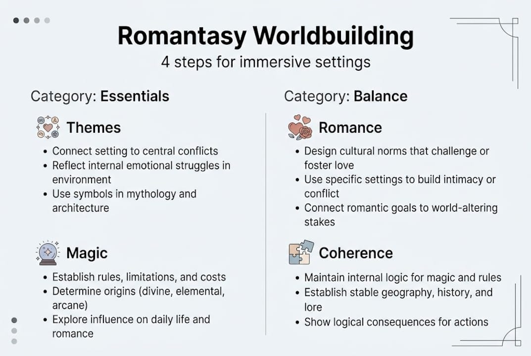 Infographic of romantasy worldbuilding steps