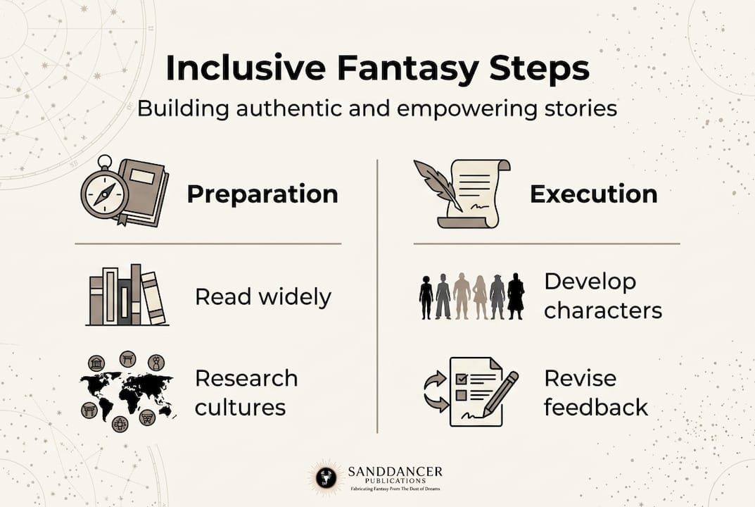 Infographic showing inclusive fantasy writing steps
