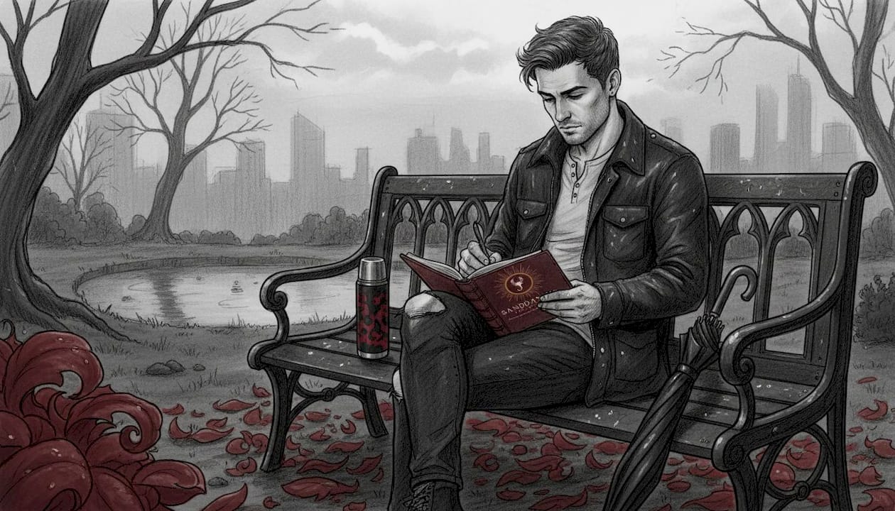 Man writing on park bench under cloudy sky
