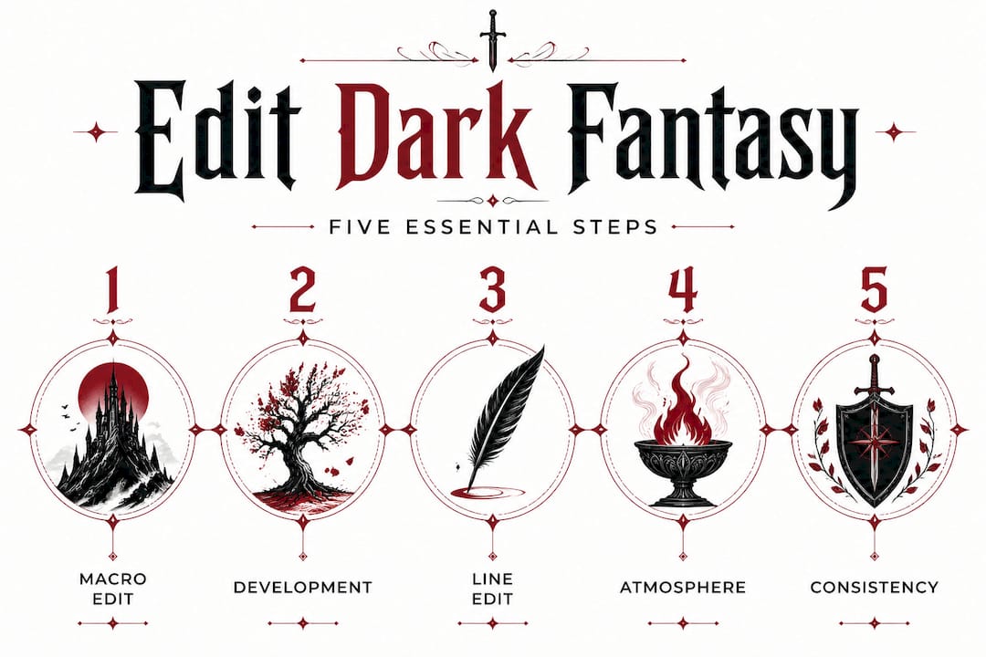 Infographic listing key editing steps for dark fantasy