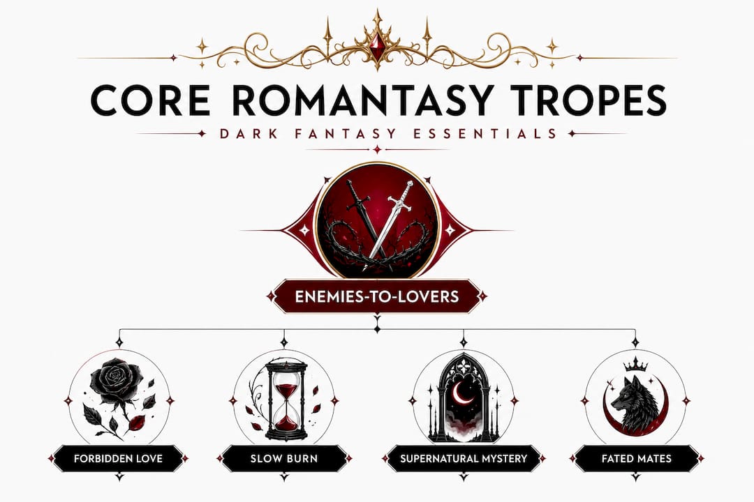 Infographic showing top dark romantasy story tropes