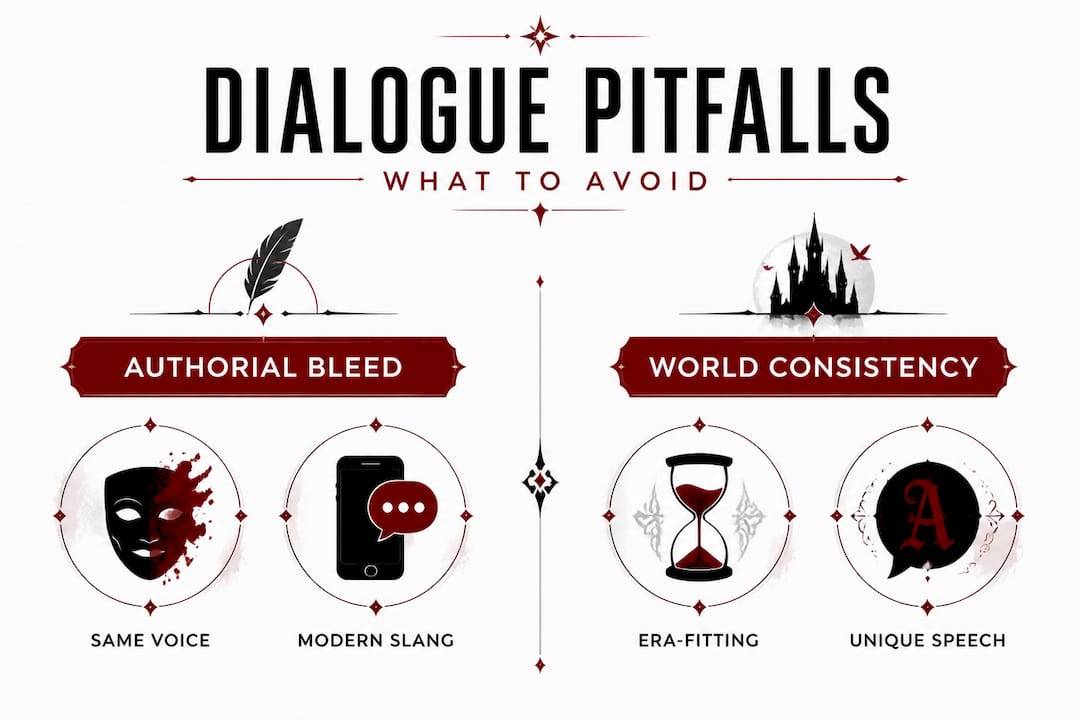 Infographic showing dialogue pitfalls in dark fantasy