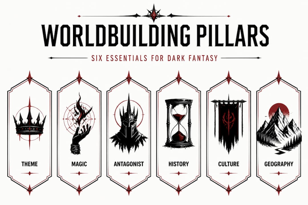 Infographic listing six pillars of fantasy worldbuilding