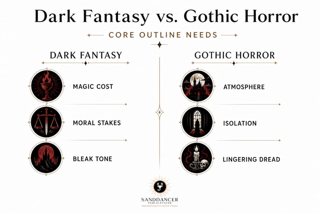 Infographic comparing dark fantasy and gothic horror outlining